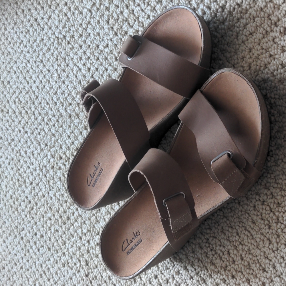 Brown leather wedge sandals